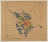 217116 Plattegrond van de stad Utrecht, met daarop aangegeven in kleuren de ouderdom van de bebouwing.
